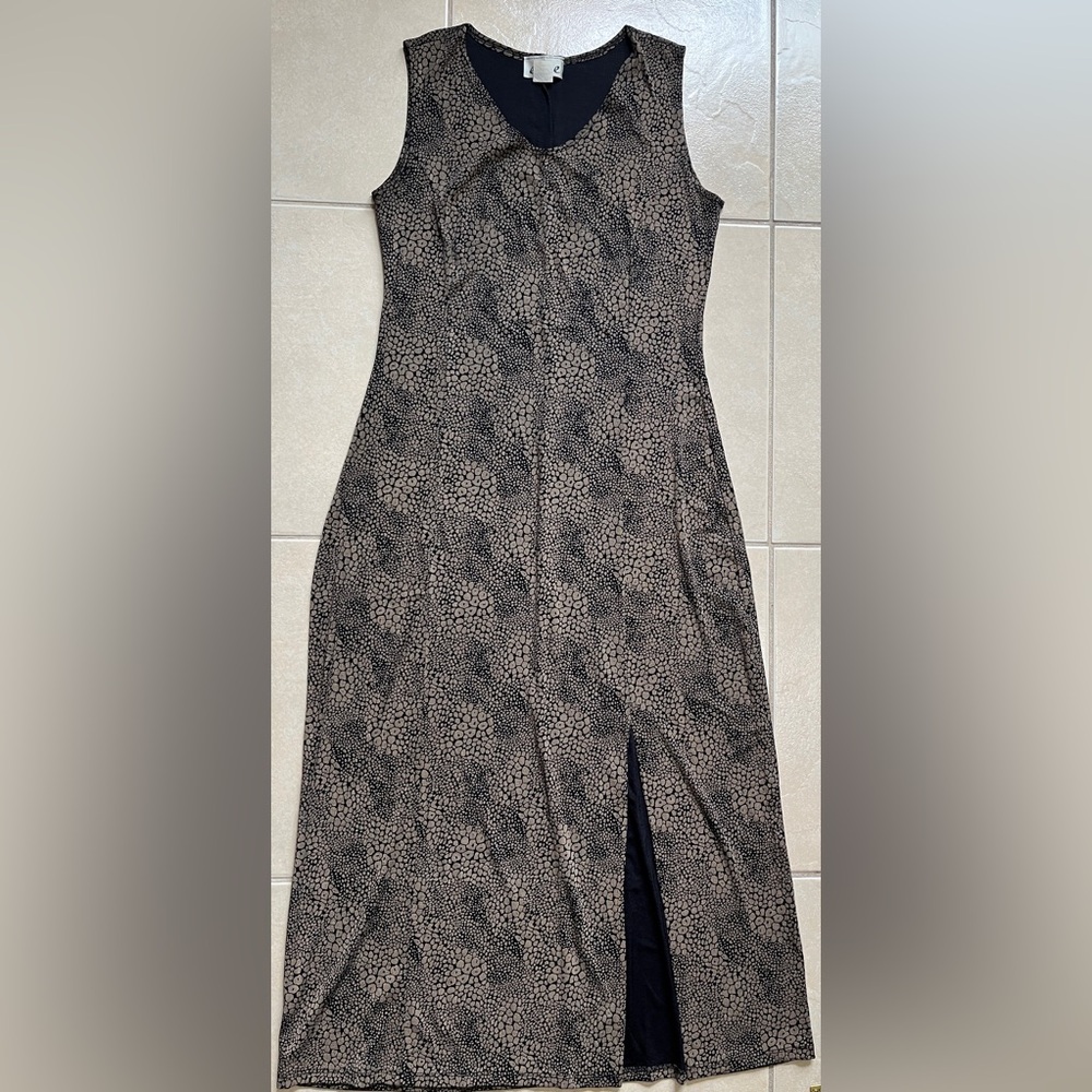 ES SE Vtg Dress M Black/Brown Animal Print Pull Over V Neck Sleeveless Side Slit